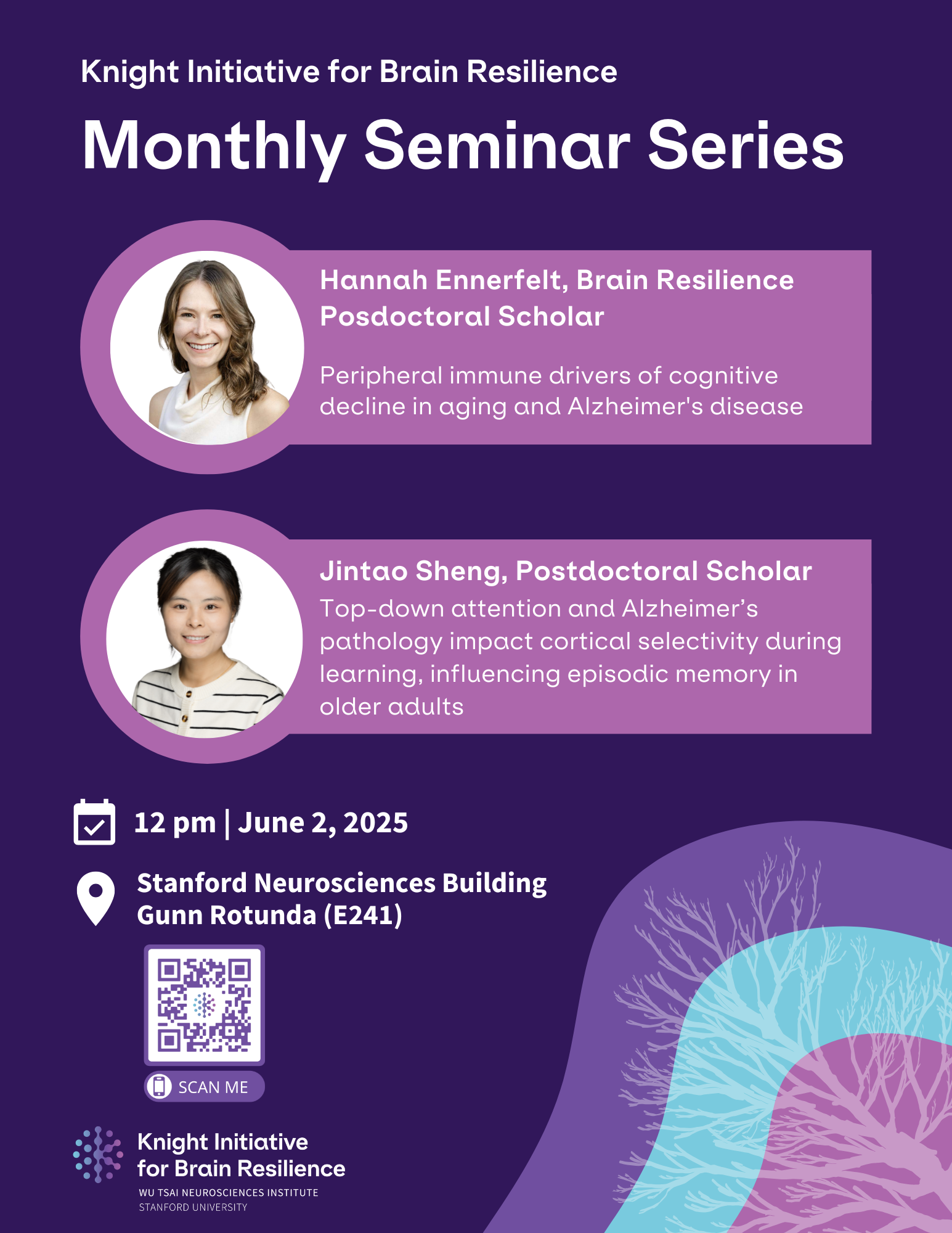 Banner image featuring two circle headshots against a purple and blue background design