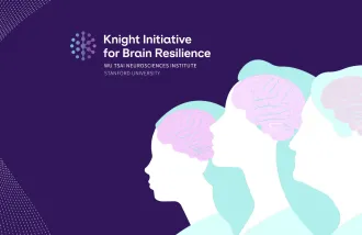 Text (left): Knight Initiative for Brain Resilience, Wu Tsai Neurosciences Institute, Stanford University. Image (right): A graphic design of three individuals turned left with a brain overlayed on each (to visually represent the stages of biological brain aging)