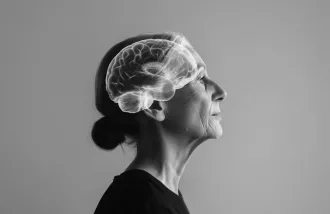 A photo ofa woman with a cartoon brain drawn over her head where the brain would be