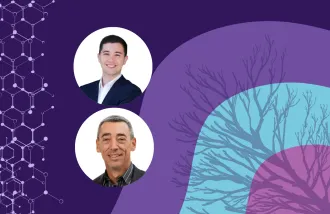 Banner image featuring two circle headshots against a purple and blue background design