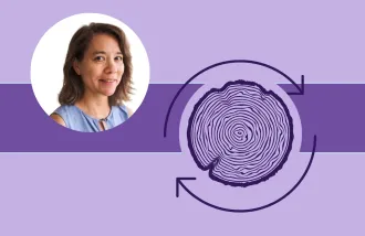 Banner image featuring one circle headshot against a purple background design