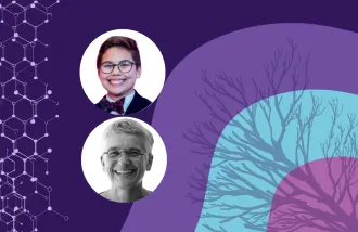 Banner image featuring two circle headshots against a purple and blue background design