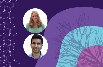 Banner image featuring two circle headshots against a purple and blue background design
