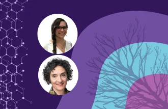 Banner image featuring two circle headshots against a purple background design