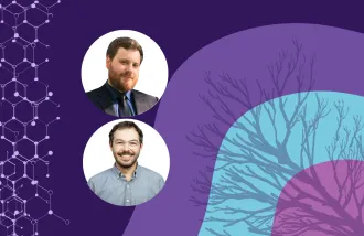Banner image featuring two circle headshots against a purple background design