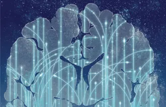 An illustration of a cross section of the brain on a background of shooting stars.