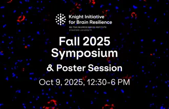 Text overlay: Knight Initiative for Brain Resilience Fall 2025 Symposium & Poster Session. Oct 9, 2025, 12:30 PM - 6 PM. Image: Digital Pathology — Oil Red O staining of a prefrontal cortex sample. It stains neutral lipids to assess lipid pathology. (triacylglycerols and sterol esters). The lipid staining gives an idea of lipid pathology to track a feature of brain aging. The red stains are positive stains (neutral lipid aggregates within cells). Microscopy image by Shon Alimukhamedov.