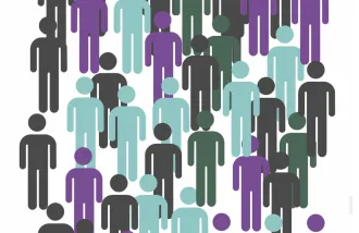 Several dozen simple figures of people in gray, blue, and purple.