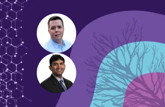 Banner image featuring two circle headshots against a purple background design