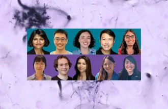 Background image - "Oligodendroglia stained with the Rio-Hortega variant to the Golgi u2019s silver chromate. From the rounded soma, several thin processes arise. The dark thick traces are blood capillaries. The 2026 Neuroscience Postdoctoral Scholars; Top row, Interdisciplinary scholars, from left: S Shailja, Eric Zhao, Chloe Jean Bair-Marshall, David Au, Shwetha Srinivasan. Bottom row, Brain Resilience Scholars, from left: Ja Eun Choi, Nimrod Rappoport, Heankel Lyons, Christine Ng, Emmy Li.