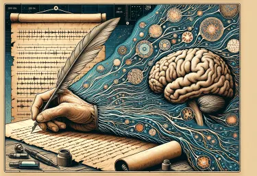 AI-generated banner image showing a hand writing on parchment from which flows brain-related imagery
