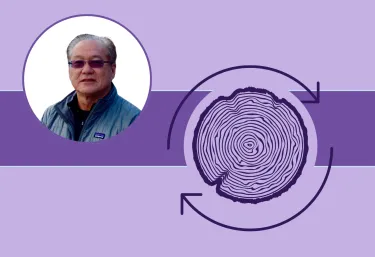 Banner image featuring one circle headshot against a purple and blue background design.