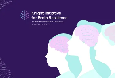 Text (left): Knight Initiative for Brain Resilience, Wu Tsai Neurosciences Institute, Stanford University. Image (right): A graphic design of three individuals turned left with a brain overlayed on each (to visually represent the stages of biological brain aging)