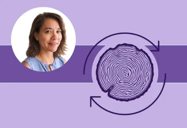 Banner image featuring one circle headshot against a purple background design