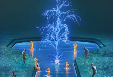 Illustration of people being rejuvenated in a fountain of youth that is shaped like a neuron