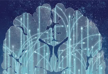 An illustration of a cross section of the brain on a background of shooting stars.