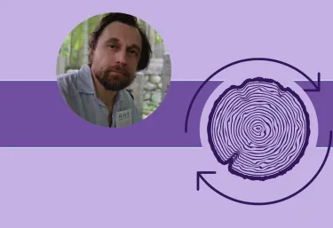 Banner image featuring one circle headshot against a purple background design