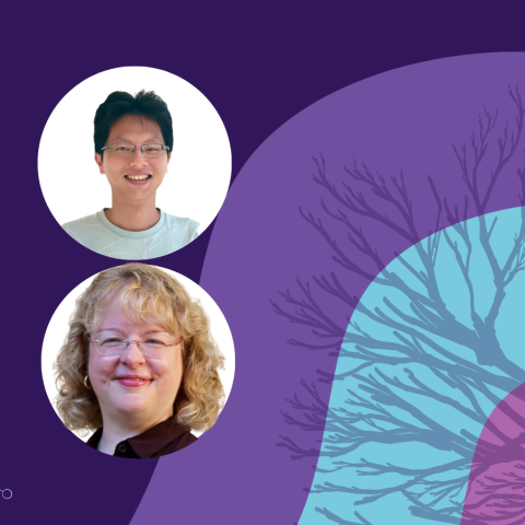Banner image featuring two circle headshots against a purple and blue background design.