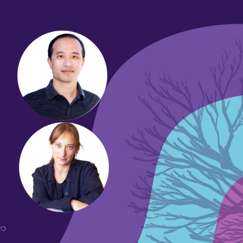 Banner image featuring two circle headshots against a purple and blue background design.