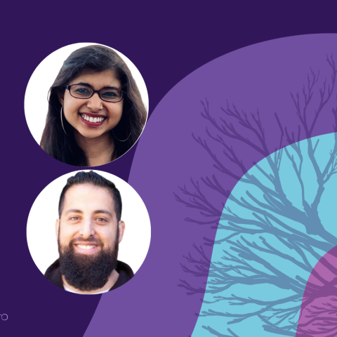 Banner image featuring two circle headshots against a purple and blue background design.