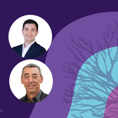 Banner image featuring two circle headshots against a purple and blue background design
