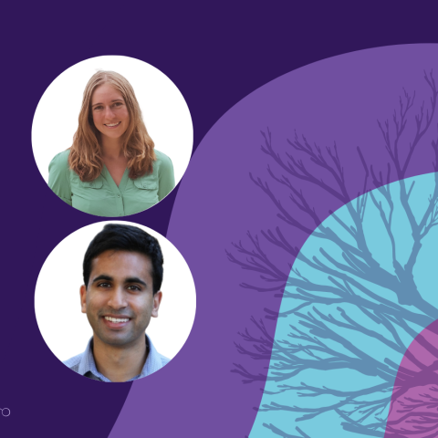 Banner image featuring two circle headshots against a purple and blue background design