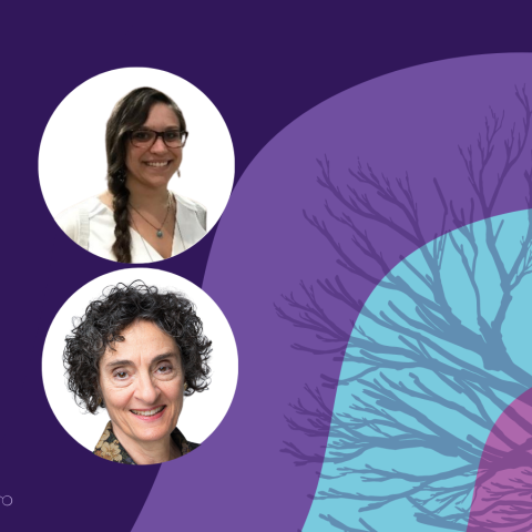 Banner image featuring two circle headshots against a purple background design