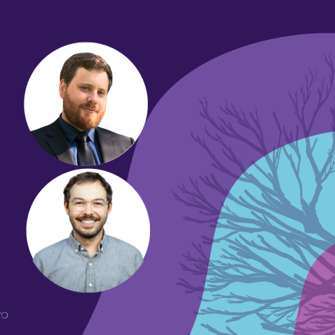 Banner image featuring two circle headshots against a purple background design