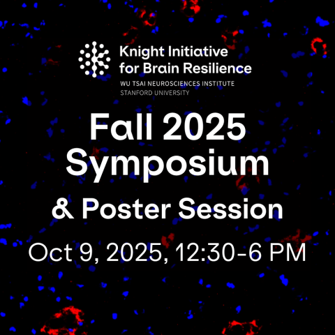 Text overlay: Knight Initiative for Brain Resilience Fall 2025 Symposium & Poster Session. Oct 9, 2025, 12:30 PM - 6 PM. Image: Digital Pathology — Oil Red O staining of a prefrontal cortex sample. It stains neutral lipids to assess lipid pathology. (triacylglycerols and sterol esters). The lipid staining gives an idea of lipid pathology to track a feature of brain aging. The red stains are positive stains (neutral lipid aggregates within cells). Microscopy image by Shon Alimukhamedov.