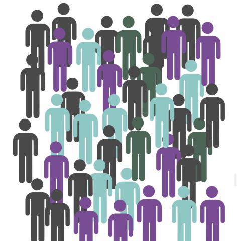 Several dozen simple figures of people in gray, blue, and purple.