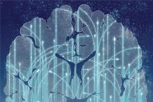 An illustration of a cross section of the brain on a background of shooting stars.