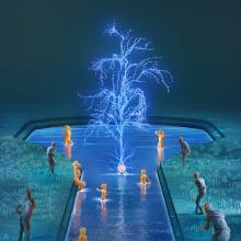 Illustration of people being rejuvenated in a fountain of youth that is shaped like a neuron