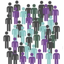 Several dozen simple figures of people in gray, blue, and purple.